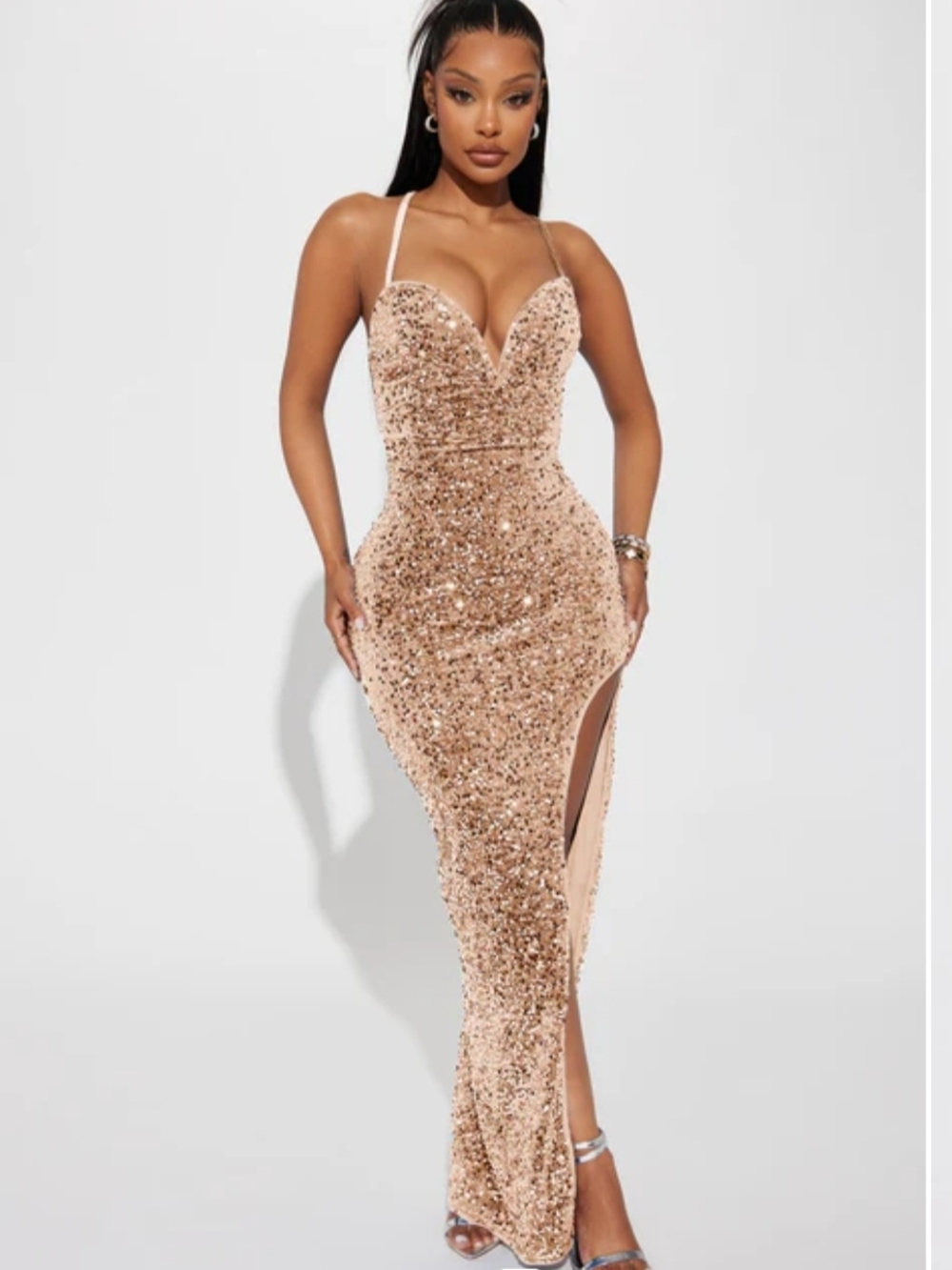 Fashion Nova Allison Velvet Sequin Gown - Champagne